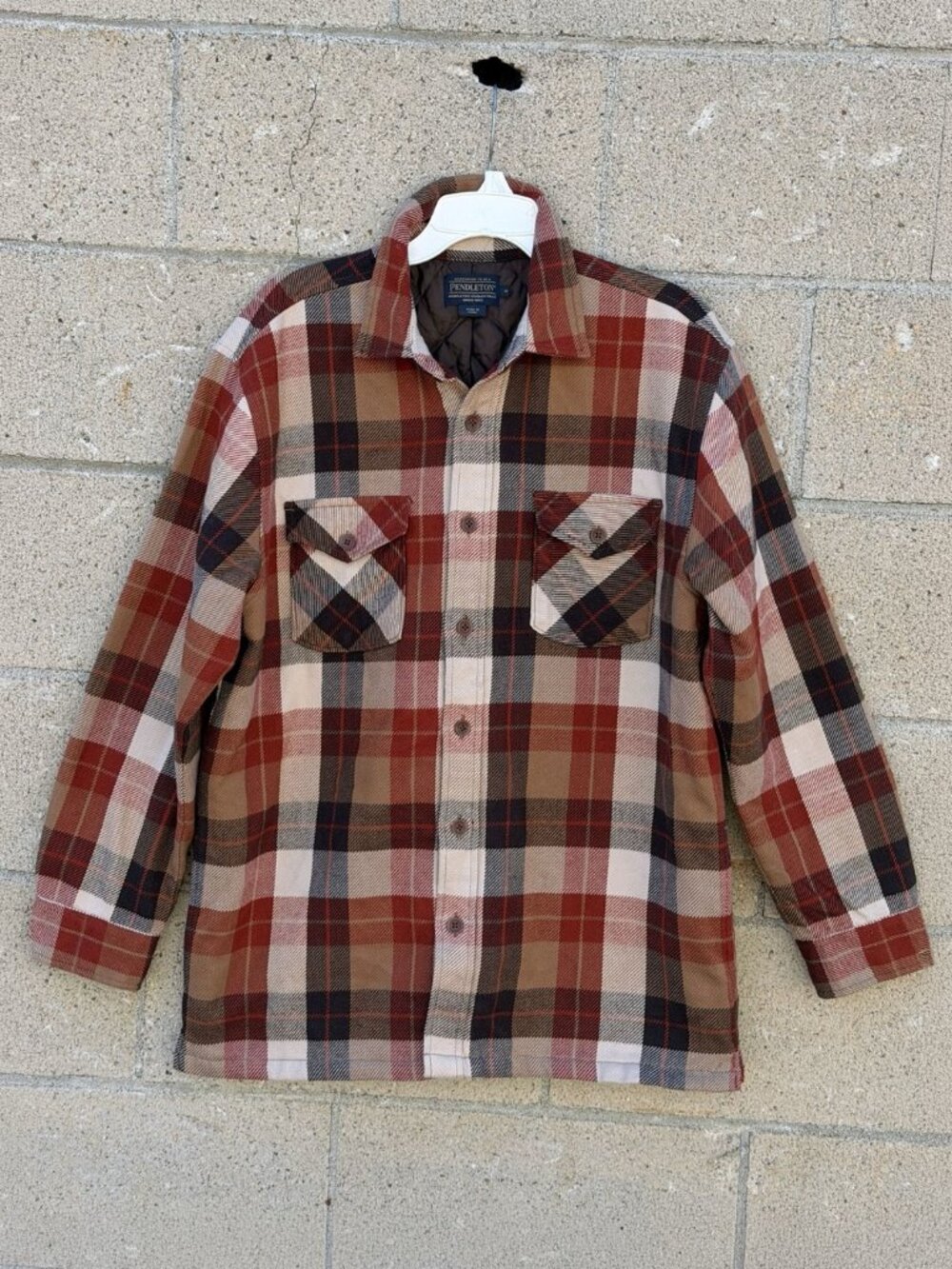Pendleton Quilted Lined Flannel Shirt Jacket Mens M Rust Tan Plaid Shacket